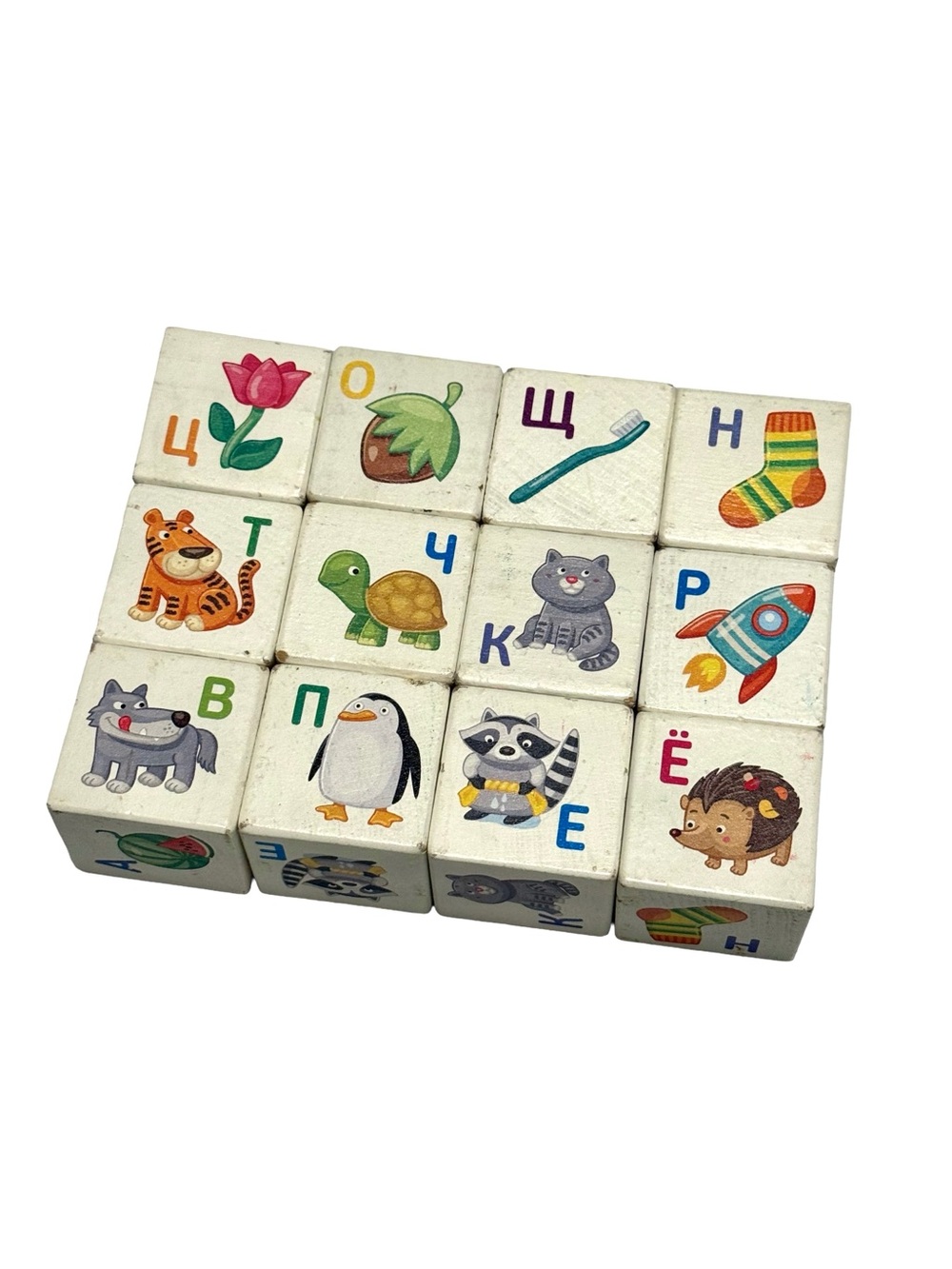 Wooden Russian Alphabet Blocks with Animal & Object Illustrations, 12 count‎